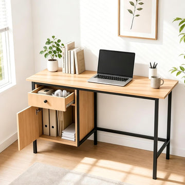 Garvee 47" Home Office Computer Desk with Drawer and Cabinet Storage | Simple Modern Desk for Bedroom, Home Office, Study, Writing, Study Table with Cabinet, Natural Oak+Black