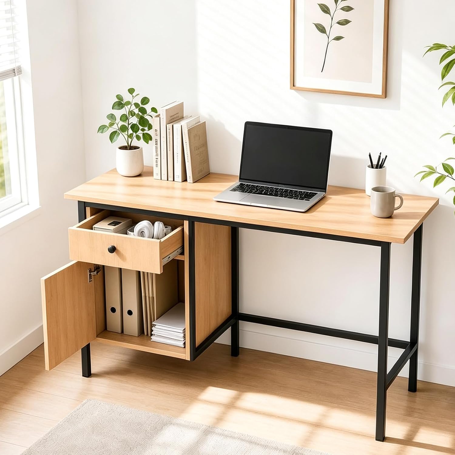 Garvee 47" Home Office Computer Desk with Drawer and Cabinet Storage | Simple Modern Desk for Bedroom, Home Office, Study, Writing, Study Table with Cabinet, Natural Oak+Black