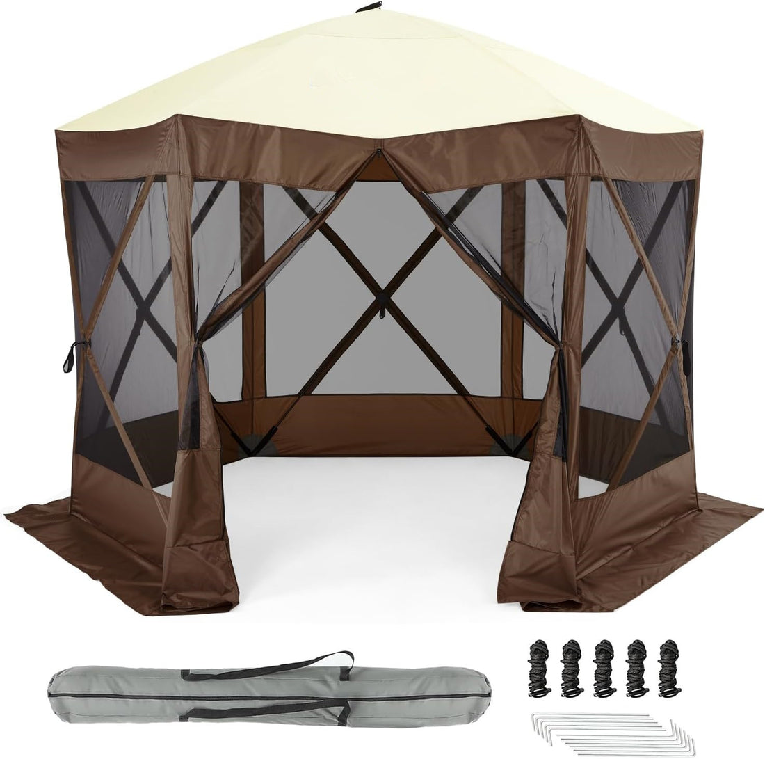 Garvee 10x10ft Portable Pop-Up Camping Gazebo - 6-Sided Canopy Screen Tent with Mesh Windows & Carry Bag for Outdoor, Picnic, Backyard Party, Brown