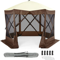 Garvee 10x10ft Portable Pop-Up Camping Gazebo - 6-Sided Canopy Screen Tent with Mesh Windows & Carry Bag for Outdoor, Picnic, Backyard Party, Brown