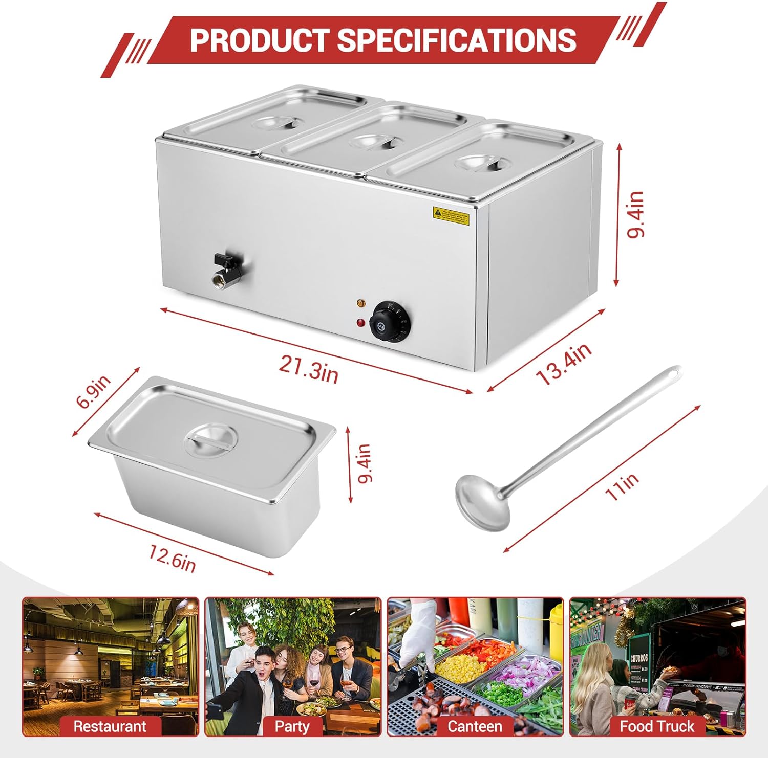 Garvee 21QT Electric Food Warmer with Triple Compartments & Adjustable Temp Control, Stainless Steel, Drainage Faucet, Removable Pans, Ideal for Catering Buffets