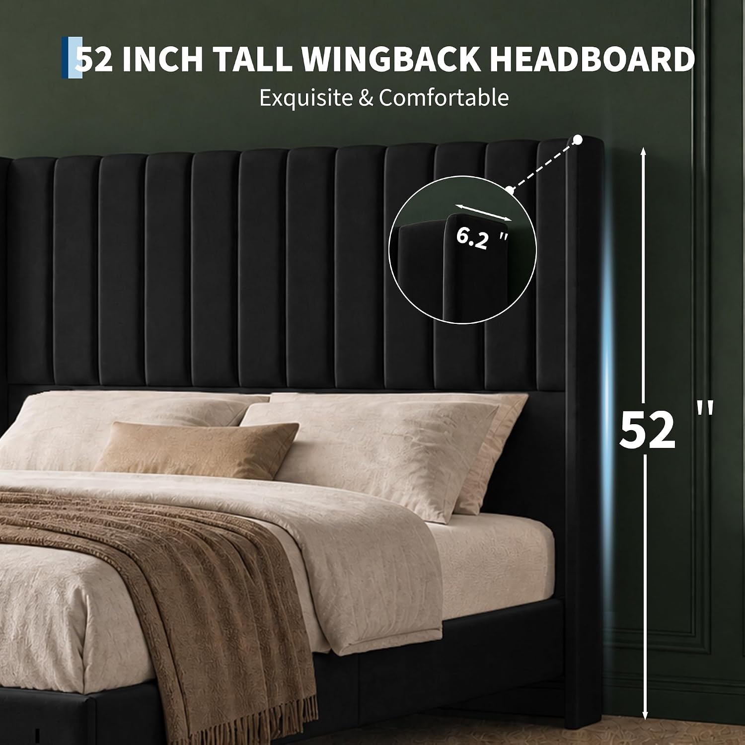 Garvee Velvet Upholstered Platform Bed Frame with 52" Tall Wingback Vertical Channel-Tufted Headboard, Wood Slat Support, Underbed Storage, No Box Spring Needed, Easy Assembly - King, Black