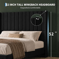 Garvee Velvet Upholstered Platform Bed Frame with 52" Tall Wingback Vertical Channel-Tufted Headboard, Wood Slat Support, Underbed Storage, No Box Spring Needed, Easy Assembly - King, Black