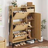 Garvee Mobile Shoe Cabinet Natural Rattan 3 Flip Drawers 4 Side Shelves MDF Metal Handles Anti-Tip Adjustable Feet Entryway - P Oak Log Color Upgraded Version