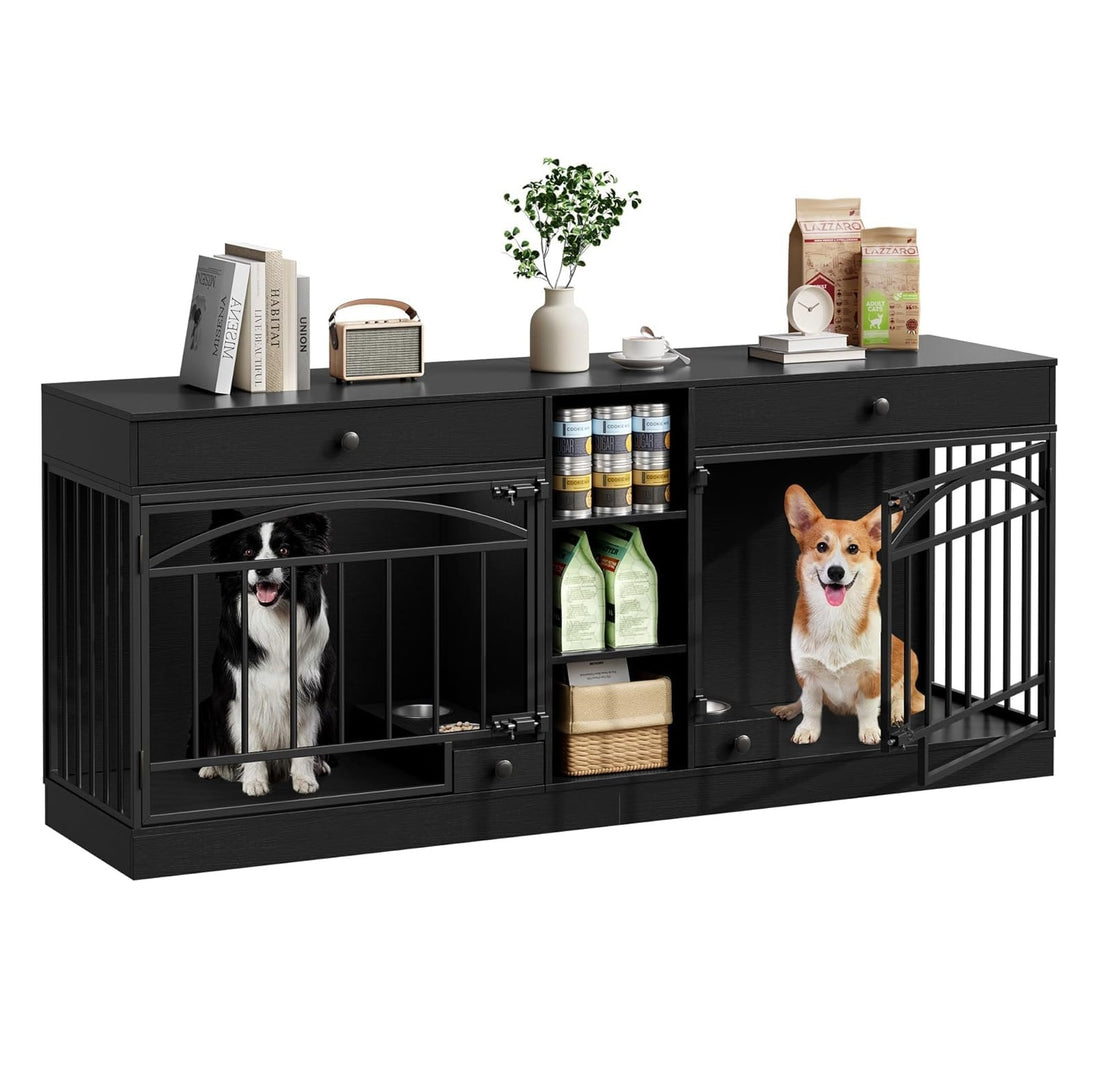 Garvee Dog Crate Furniture for 2 Dogs, 78.7" Large Dog Kennel Indoor with 2 Storage Drawers, 3 Shelves and Feeding Bowls, Double Dog Crate TV Stand for Small and Medium Dogs, Black