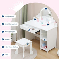 Garvee Kids Vanity with Lighted Mirror & Stool, 2 In 1 Little Girls Vanity and Wooden Makeup Playset with Adjustable LED Light, Storage Drawer & Shelves for Girls 3-9, White