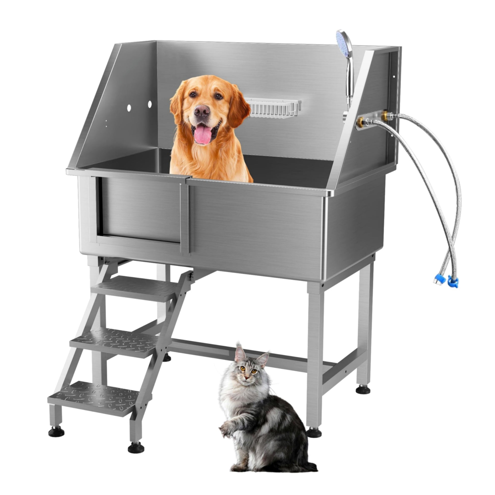 Garvee 38" Dog Grooming Bathtub, Professional Stainless Steel Pet Dog Bathing Station for Medium,Small Pets, Left Door & Stairs with Faucet, Sprayer, Drain