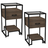 Garvee Nightstand Set of 2 with Storage Drawer + 3-Tier Shelving & Tempered Glass Top + Mid Century Modern + Steel Frame + Easy Assembly + Black and Rustic Brown + Bedroom - Light brown wood grain