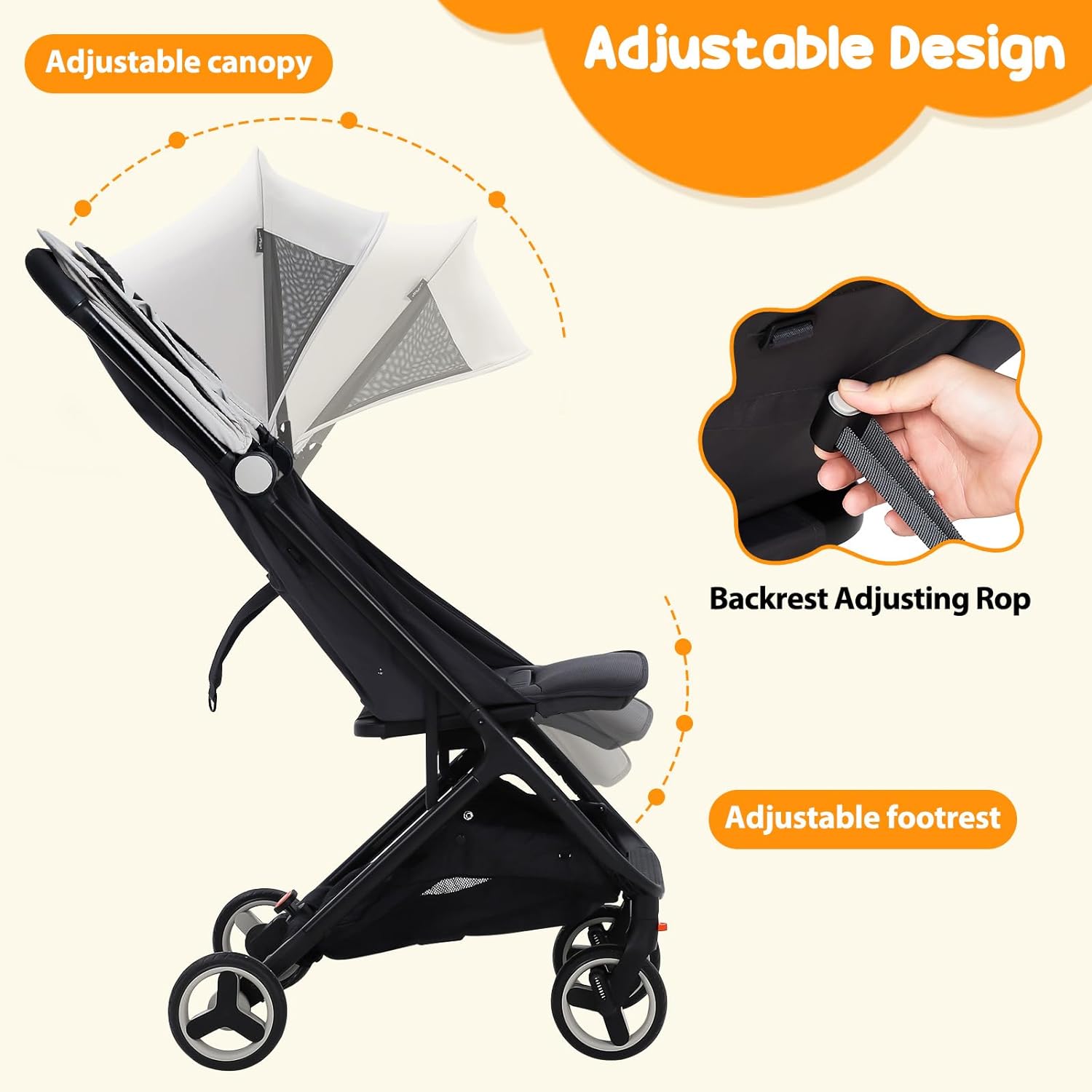 Lightweight Stroller, Compact One-Hand Fold Travel Stroller for Airplane Friendly, Reclining Seat and Canopy