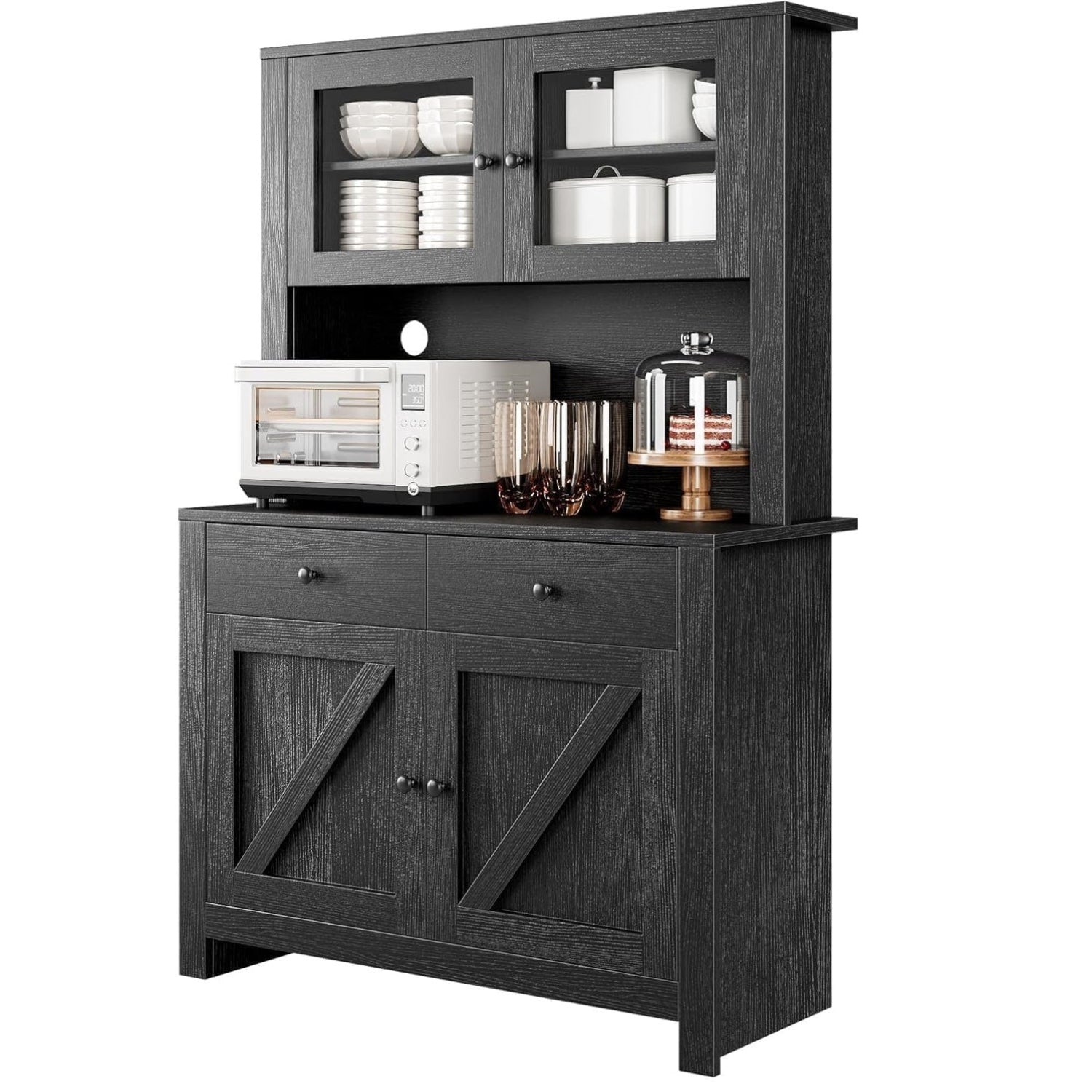 Garvee 41" Kitchen Pantry Cabinet Large Storage Hutch, Wood Buffet Cupboard with 3 Adjustable Shelves & 2 Drawers, Modern Farmhouse China Display Cabinet, Black