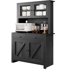 A black wooden cabinet with a hutch top, showing various kitchen items on and inside.