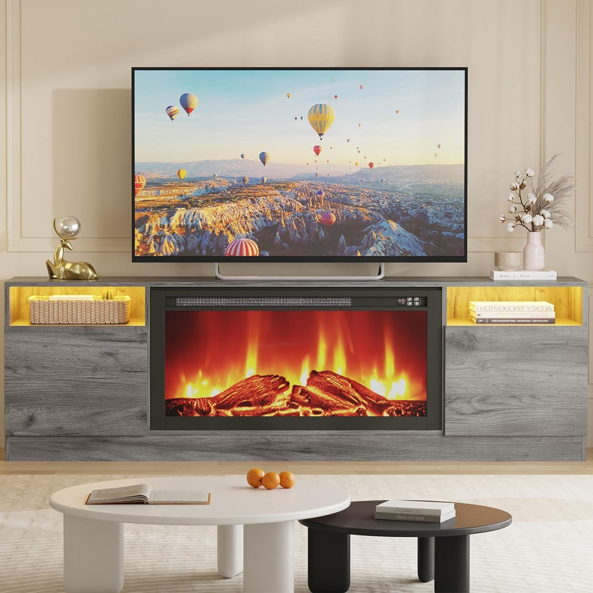 Garvee Modern TV Stand for TV Up to 75" TV, 70" Grey Television Console Table Cabinets with Storage,Wooden Entertainment Center for Living Room, Fits Into 36'' Electric Fireplace(Not Included Fireplace)