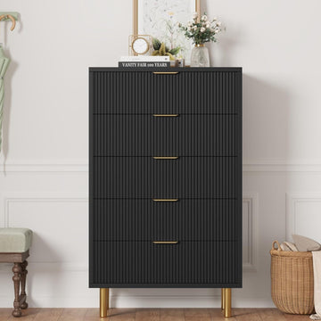 Garvee 5 Drawers Dresser for Bedroom, Fluted Dresser Chest of Drawers with Handle, Wood Modern Dressers for Closet, Bedroom Furniture Storage Organizer for Living Room, Hallway, Black
