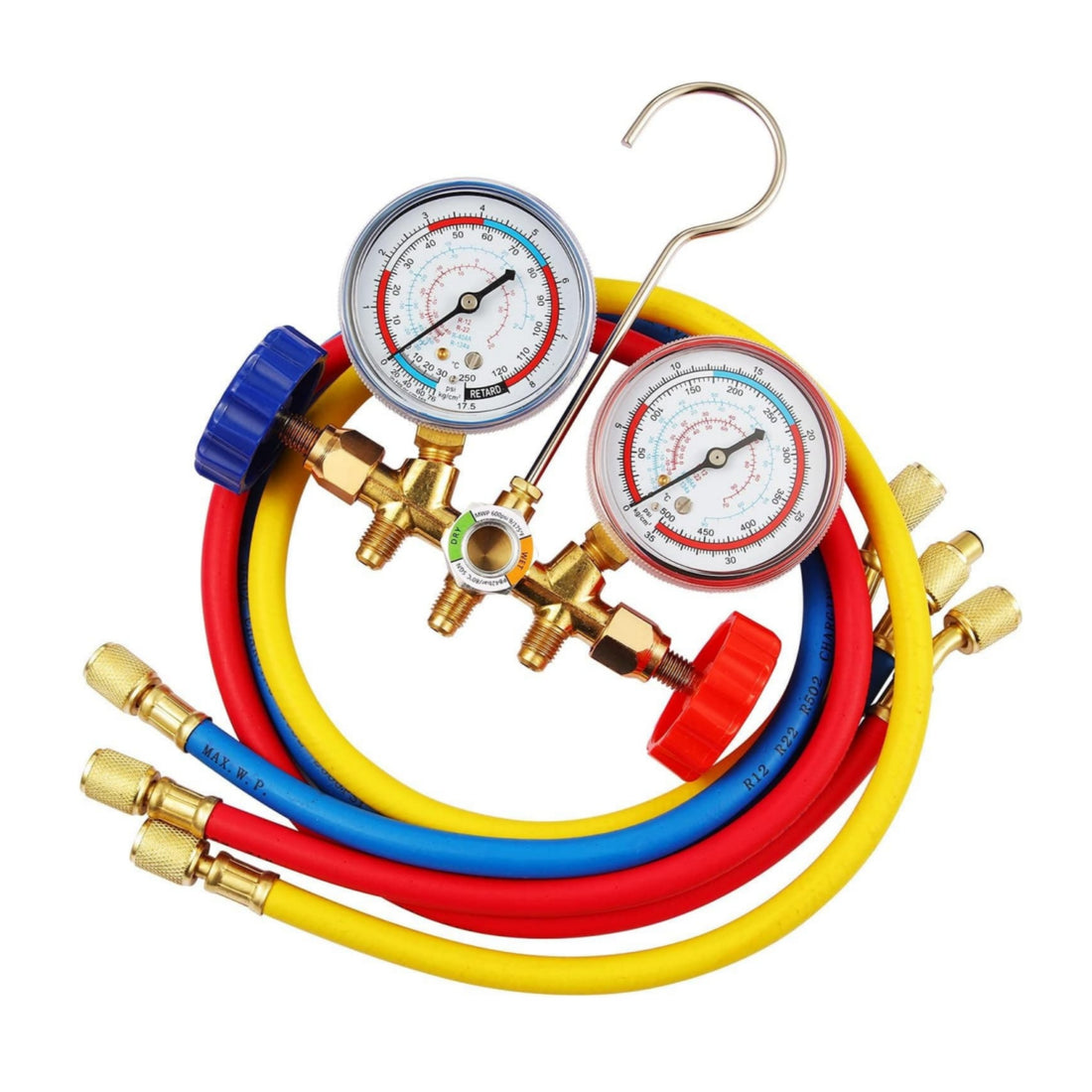 R134A Manifold Gauge Set, AC Recharge Kit Manifold Diagnostic Gauge Fit R134A, R22, R410 Refrigerant with 3Ft Charging Hoses for Home Car Refrigeration Charging Service(250Psi-500Psi)