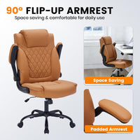Garvee PU Leather Executive Office Desk Chair, 350lbs Capacity Computer Desk Chair with Padded Flip-Up Arms, Tilt Lock & 360° Swivel Free Wheels, Ergonomic Office Chair for Heavy People, Brown