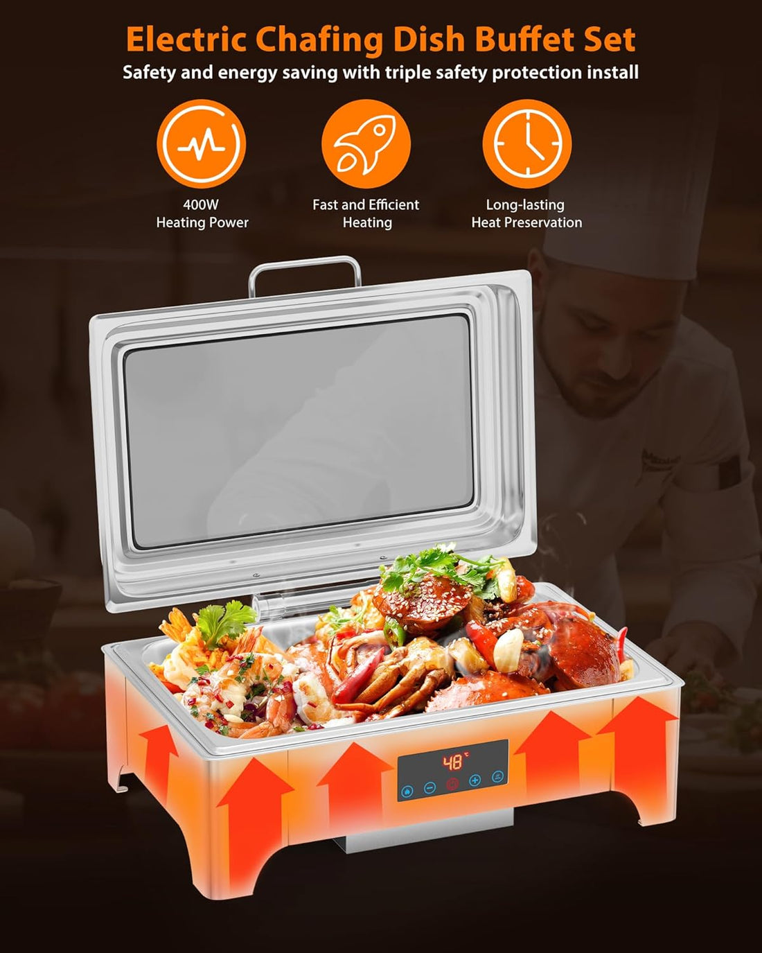 Garvee Electric Chafing Dish 9QT Full Size Touch Screen Buffet Warmer with Glass Lid Silver for Catering Parties Weddings