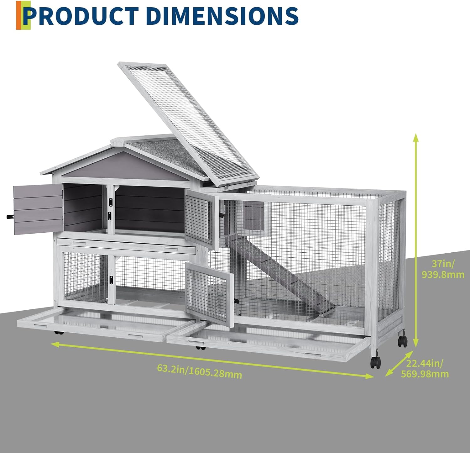 Garvee 63“ Rabbit Cage with Weatherproof Roof, Bunny Cage with 6 Lockable Caster Wheels & Pull-Out Tray, Rabbit Hutch for Indoor Outdoor Use, Grey