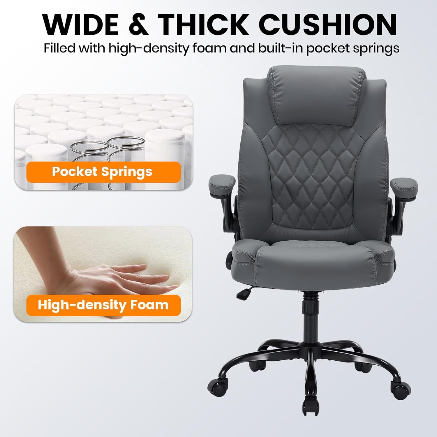 Garvee PU Leather Executive Office Desk Chair, 350lbs Capacity Computer Desk Chair with Padded Flip-Up Arms, Tilt Lock & 360° Swivel Free Wheels, Ergonomic Office Chair for Heavy People, Gray