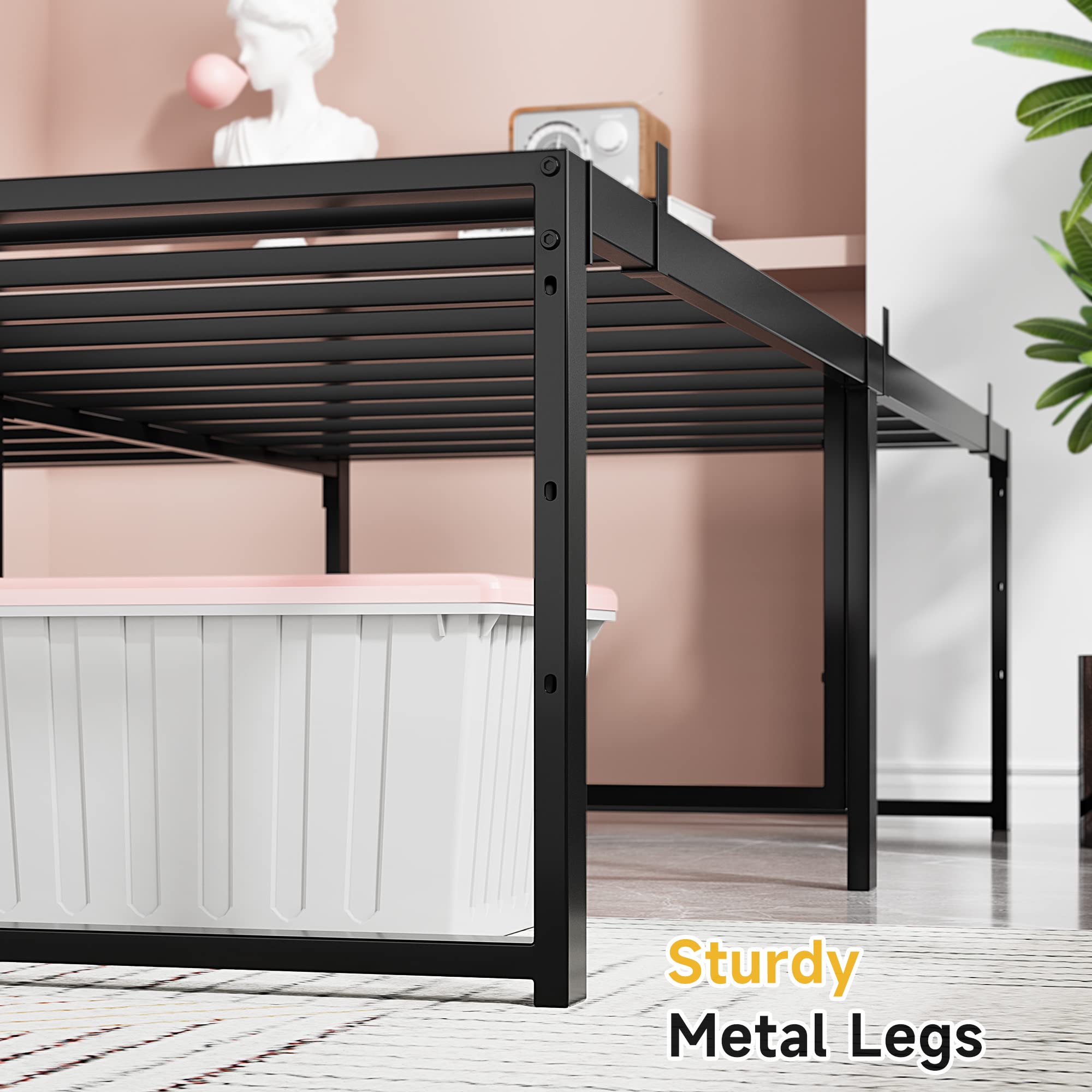 Side view of a black metal bed frame showing the sturdy legs and under-bed space.