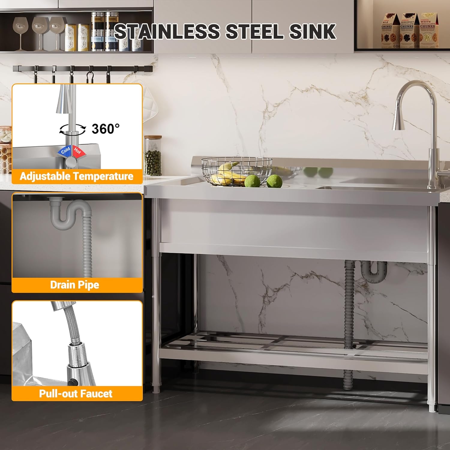 Garvee 47"W x 20"D x 37"H Stainless Steel Utility Sink - Free Standing Single Bowl with Cold & Hot Water Faucet for Kitchen, Laundry Room, Restaurant, Garage, Garden