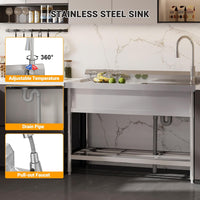 Garvee 47"W x 20"D x 37"H Stainless Steel Utility Sink - Free Standing Single Bowl with Cold & Hot Water Faucet for Kitchen, Laundry Room, Restaurant, Garage, Garden