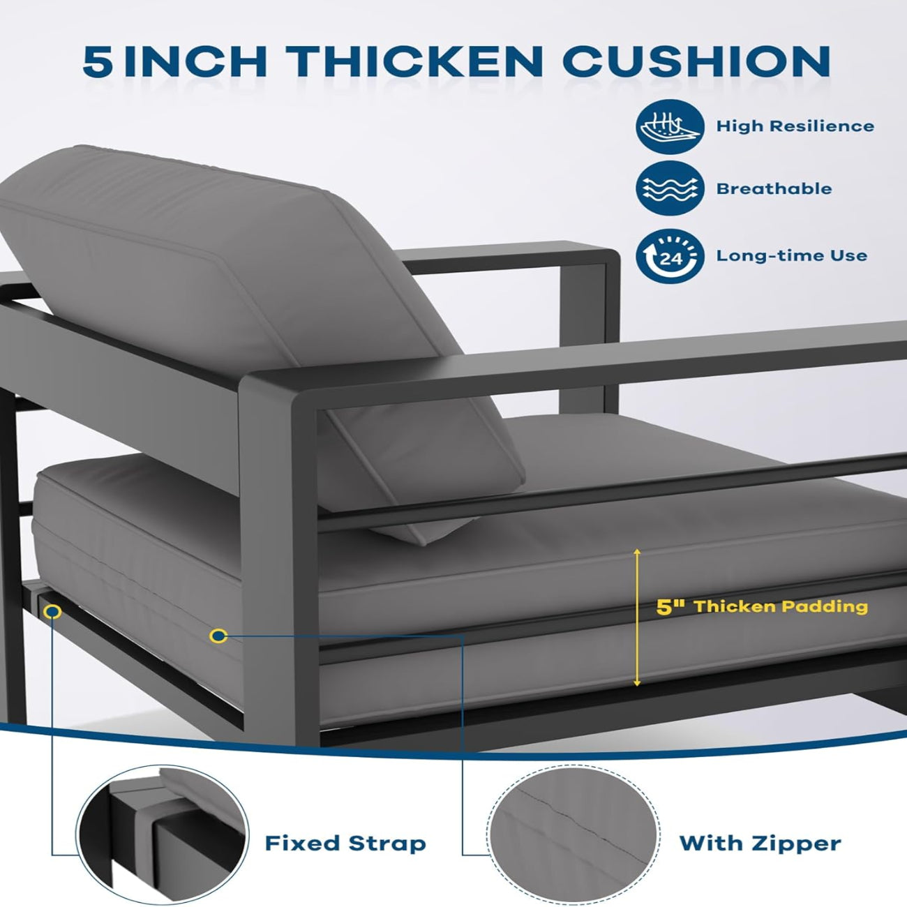 Garvee 5-Piece Dark Gray Aluminum Patio Furniture Set with Weather-Resistant Cushions, Heavy-Duty Frame, Removable Cushions, L-Shaped Sectional, Outdoor Lounge