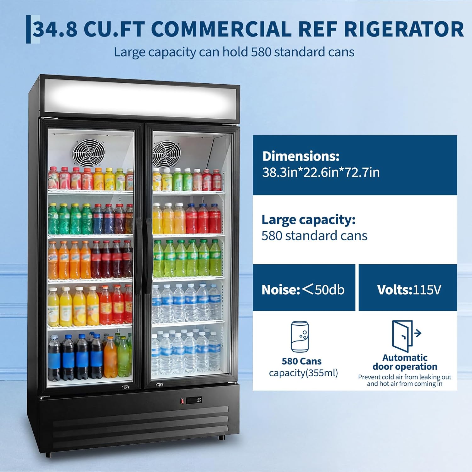 GARVEE 34.8 Cu.ft Double Door Commercial Beverage Cooler - 580-Can Glass Display Fridge | Frost-Free Air-Cooled, RGB Lights, Adjustable Shelves | for Bar/Restaurant/Store (Black)
