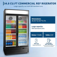 GARVEE 34.8 Cu.ft Double Door Commercial Beverage Cooler - 580-Can Glass Display Fridge | Frost-Free Air-Cooled, RGB Lights, Adjustable Shelves | for Bar/Restaurant/Store (Black)
