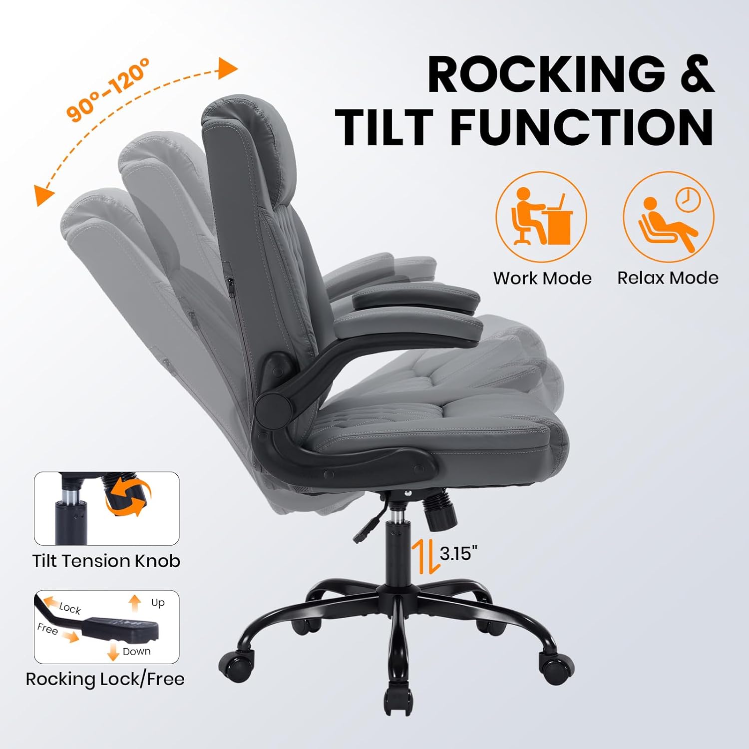 Garvee PU Leather Executive Office Desk Chair, 350lbs Capacity Computer Desk Chair with Padded Flip-Up Arms, Tilt Lock & 360° Swivel Free Wheels, Ergonomic Office Chair for Heavy People, Gray