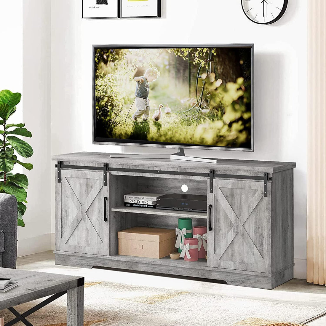 Garvee 59 inch Farmhouse TV Stand, Cabinet with Barn Doors, Wood Media Console for Living Bedroom, 250 lbs Capacity, Grey