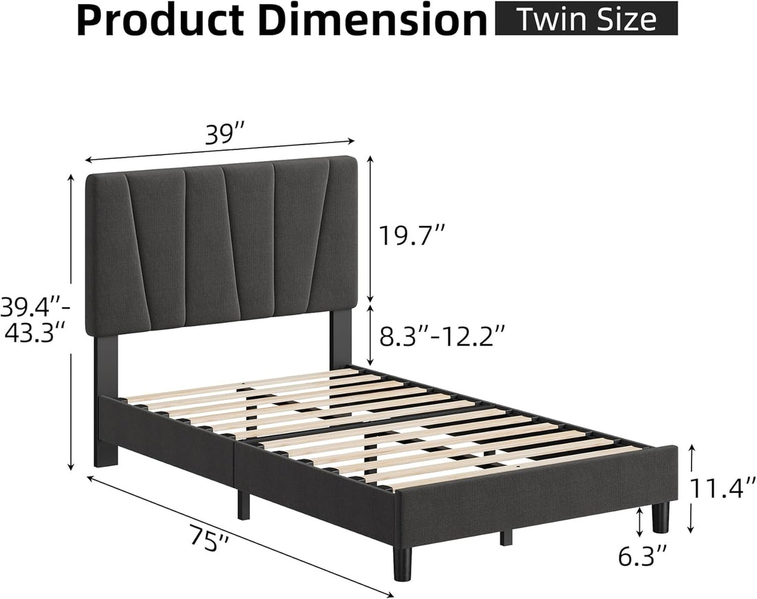 Garvee Twin Size Bed Frame with Adjustable Headboard, Linen Upholstered Platform Bed Frame with Strong Wooden Slats, Mattress Foundation, No Box Spring Needed, Easy Assembly, Gray