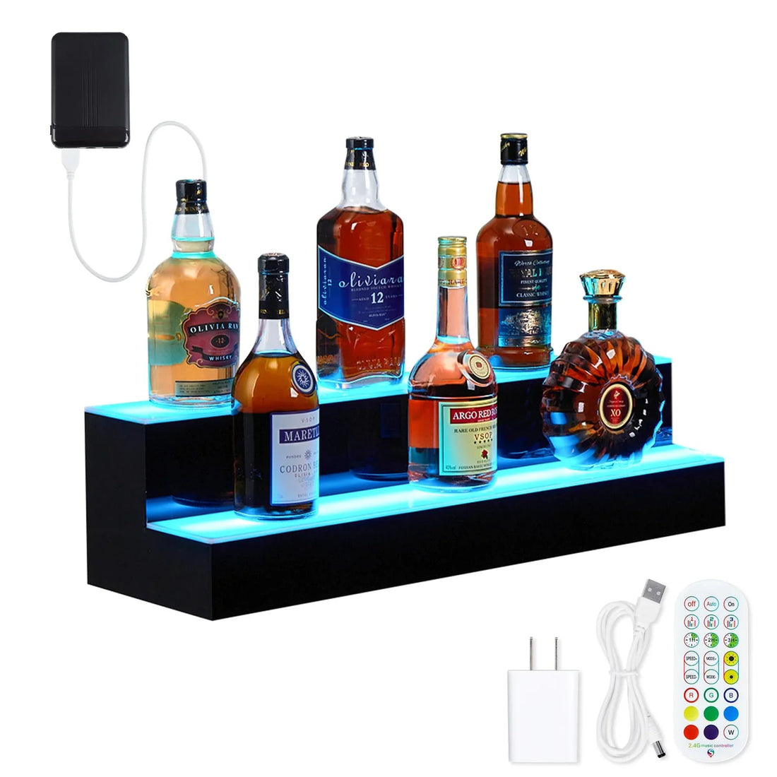 Garvee LED Lighted Liquor Bottle Display, 2 Tier 30 Inch Wall Mounted Acrylic Liquor Shelf with Wine Holder Slots, 4 Modes, 16 Colors, Remote & App Control for Home Commercial Bar