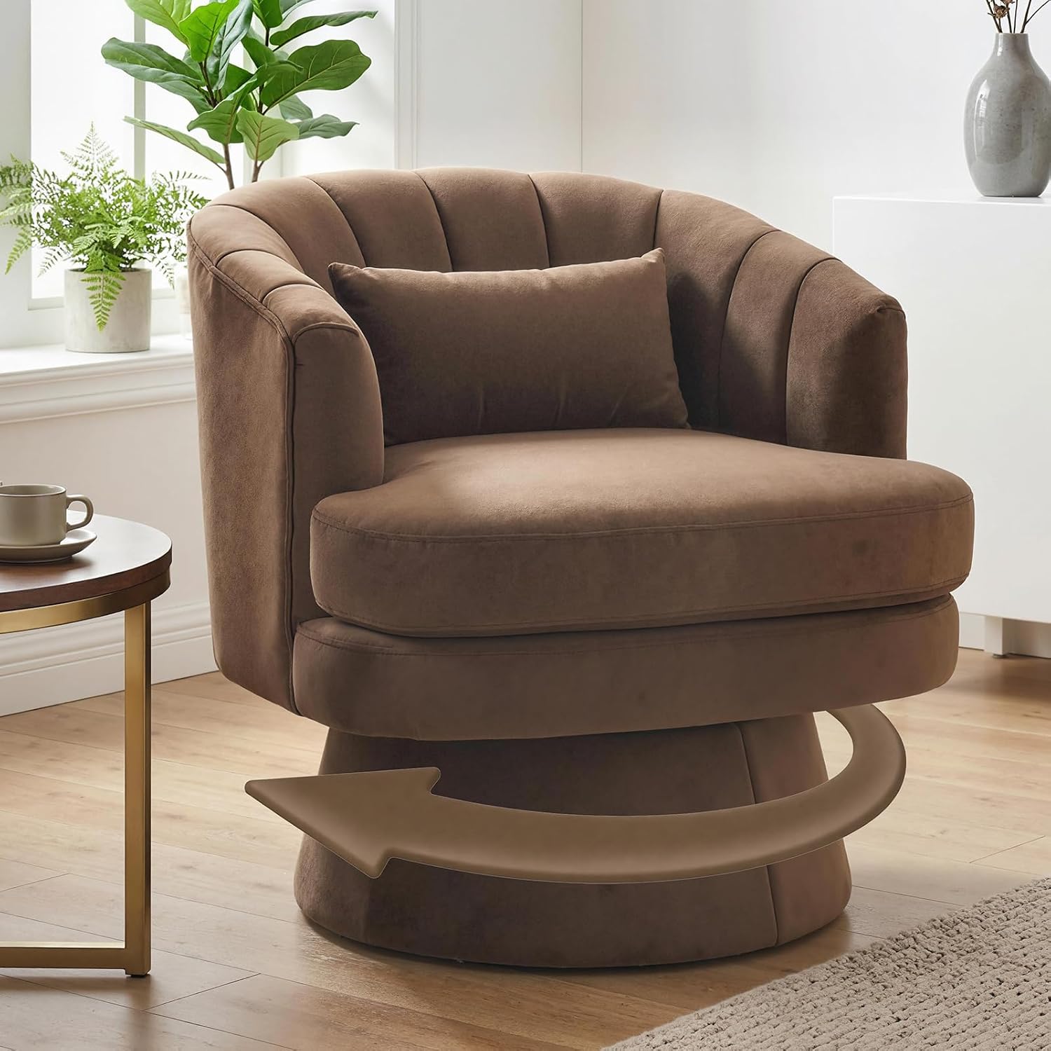 Garvee 360° Swivel Barrel Accent Chair with Lumbar Pillow, Soft Upholstered Single Armchair, Round Base for Living Room/Bedroom/Vanity - With lumbar pillow | velvet | coffee color