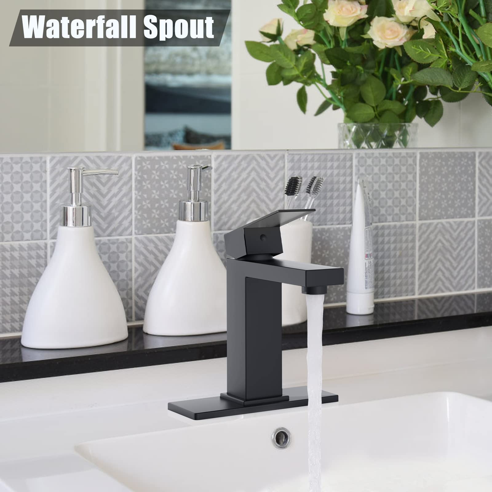 Bathroom Sink Faucet for 1 or 3 Holes with Pop Up Drain Stopper & Water Supply Hoses No-Lead Modern Single Handle Bathroom Faucet (Deck Plate Included)