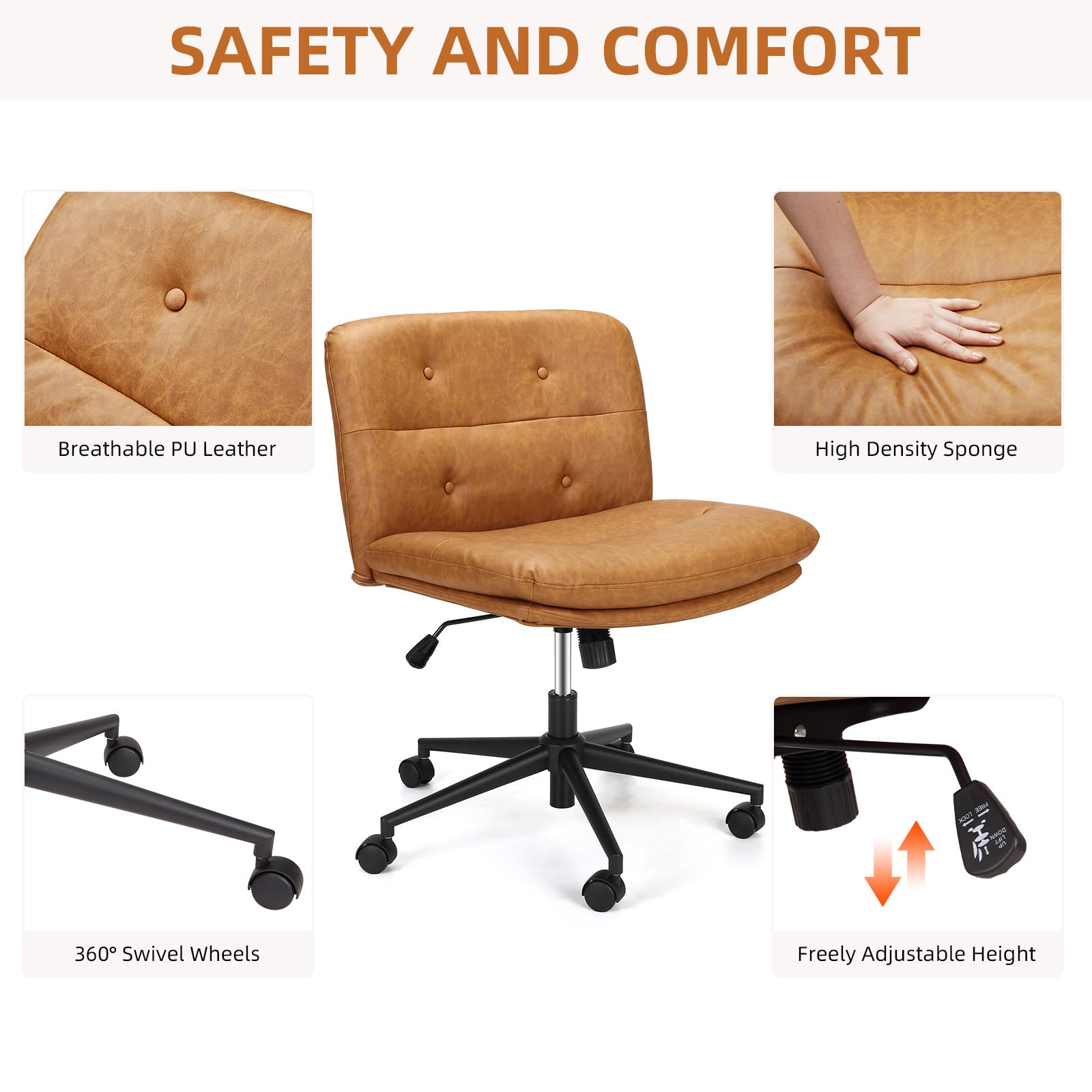 Detailed measurements of a tan faux leather office chair, including height, width, depth, and weight capacity of 300 pounds.