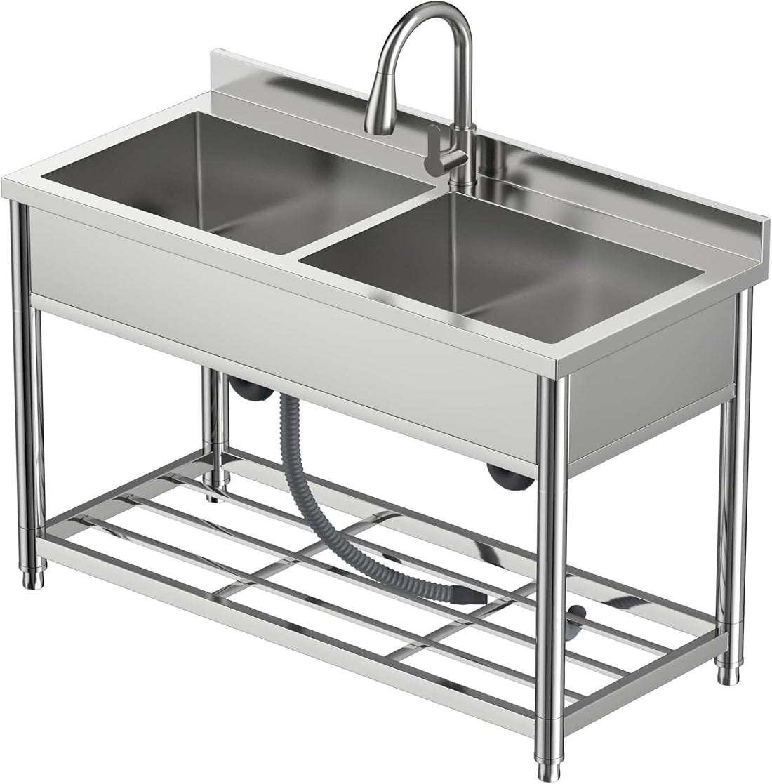 Garvee 22"D x 47"W x 37"H 2-Compartment Commercial Sink, Stainless Steel Utility Sink with Pull-out Faucet, Free Standing Double Bowl Kitchen Sink for Restaurant, Garage, Shop, Cafe, Outoor