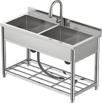 Garvee 22"D x 47"W x 37"H 2-Compartment Commercial Sink, Stainless Steel Utility Sink with Pull-out Faucet, Free Standing Double Bowl Kitchen Sink for Restaurant, Garage, Shop, Cafe, Outoor