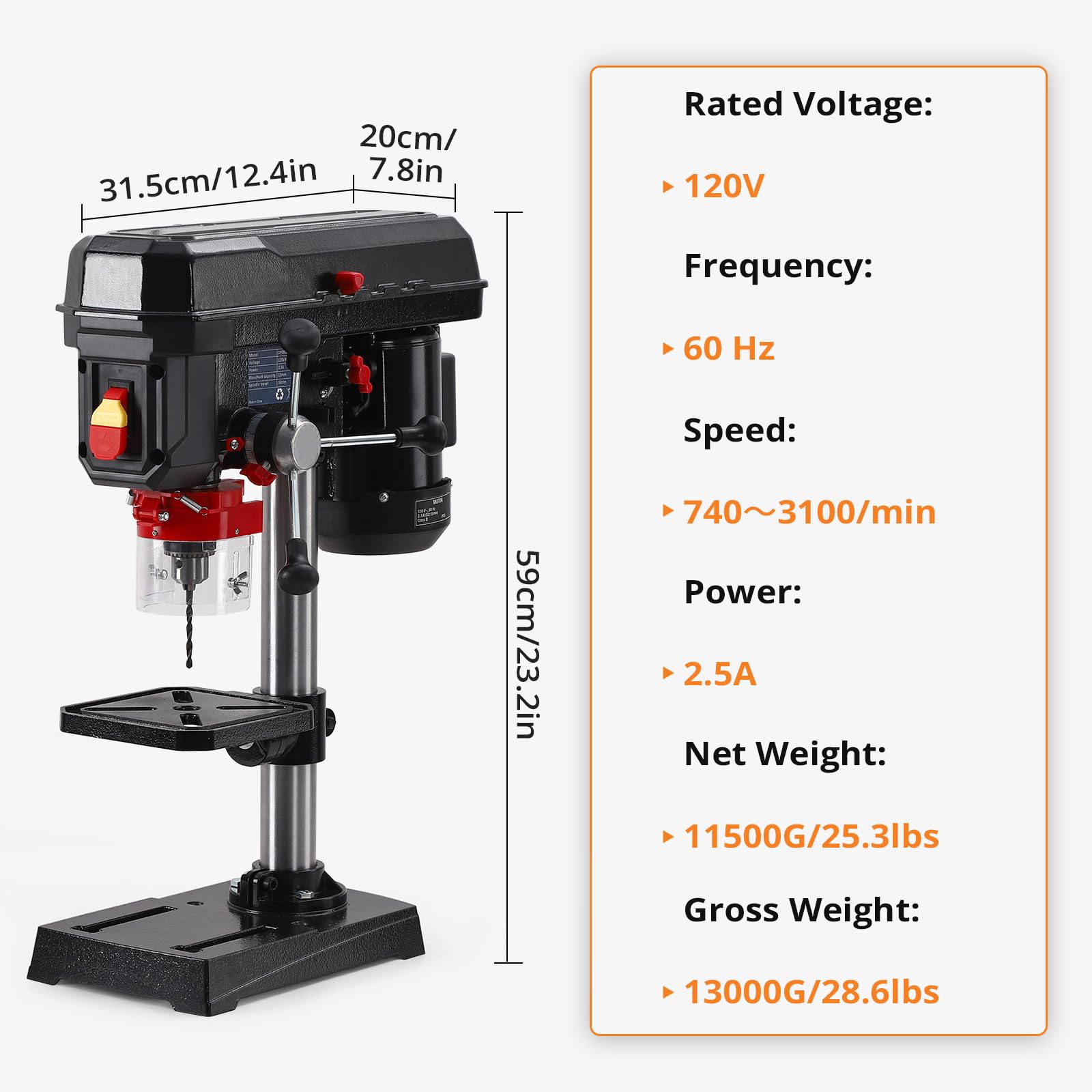 2.5Amp 8 Inch Benchtop Drill Press for Wood, Tilting Table