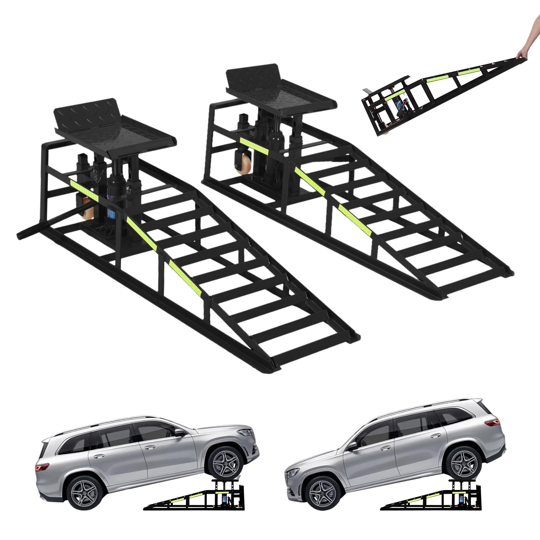 Garvee 2-Pack Hydraulic Car Ramps with Wheels and Reflective Stickers,