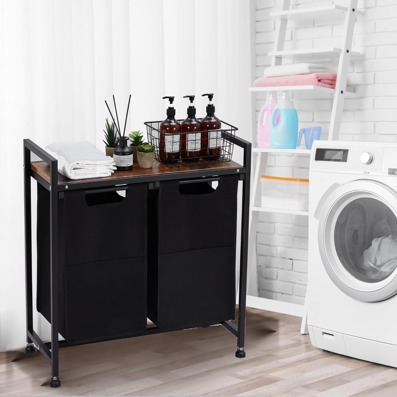 Laundry Hamper, Laundry Bags & 2 Tier Adjustable Storage Shelf, Pull-Out and Removable Oxford Fabric Laundry Baskets, for Home/Hotel Black