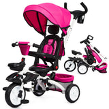 Garvee Baby Tricycle, 7 in 1 Folding Toddler Bike w/Removable Adjustable Push Handle, Canopy, Rotatable Seat, Safety Harness, Cup Holder & Storage, Trike for 1-5 Year Old, Tricycle for Toddlers - Rose Red - Rose Red