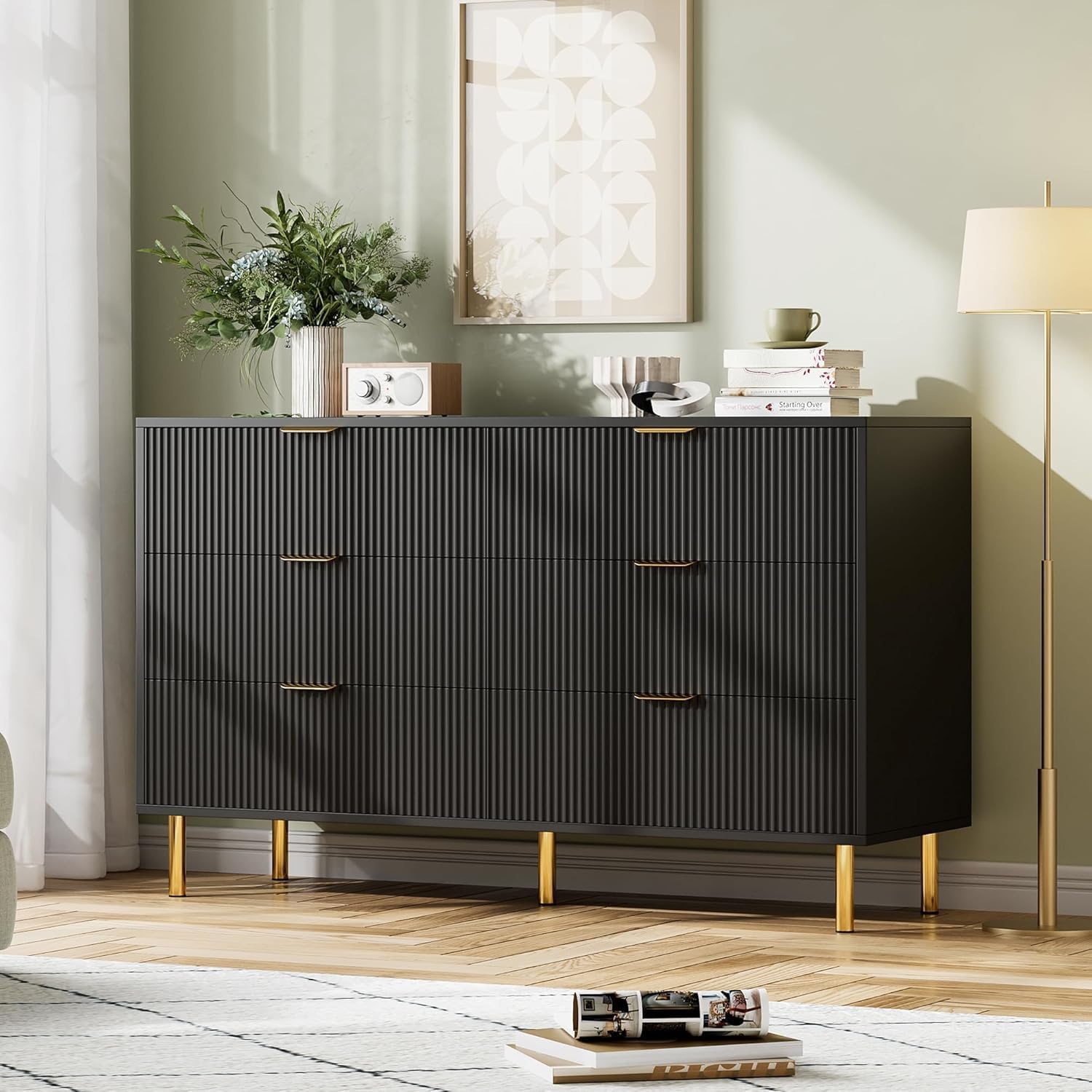 Garvee Black Dresser, Modern 6 Drawer Dresser for Bedroom with Gold Handle and Large Drawer, Wood Double Chest of Drawers and Storage Organizer for Living Room, Hallway, Entryway