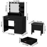 Technical diagram of the black vanity table with detailed measurements and components, including mirror, drawers, and storage.