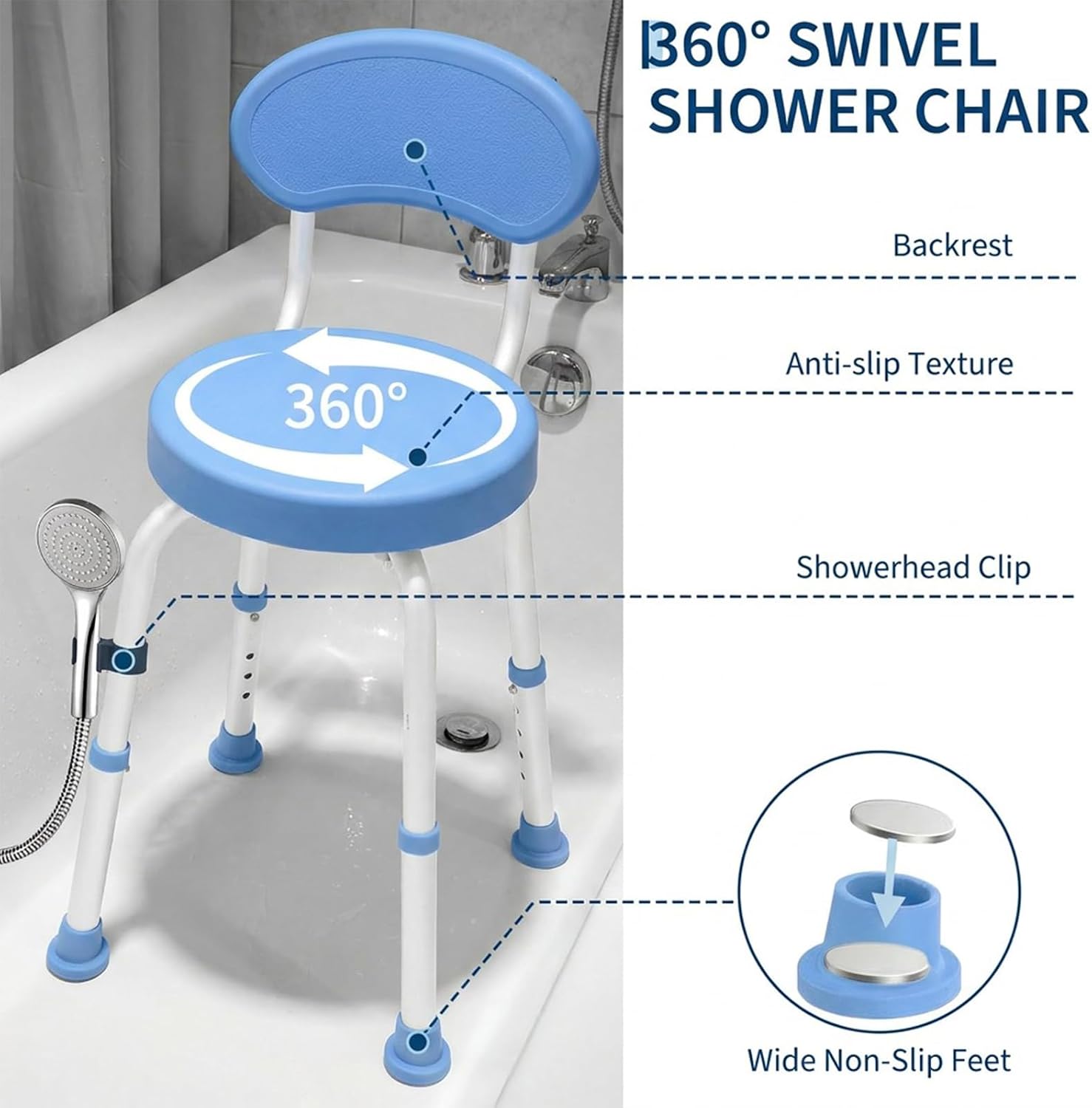Garvee 360° Swivel Shower Chair with Backrest, Non-Slip Bathtub Chair, Height Adjustable Bath Seat for Elderly, Seniors and Disabled, Compact Shower Bench for Inside Tub or Shower, Blue