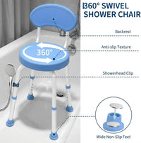 Garvee 360° Swivel Shower Chair with Backrest, Non-Slip Bathtub Chair, Height Adjustable Bath Seat for Elderly, Seniors and Disabled, Compact Shower Bench for Inside Tub or Shower, Blue
