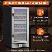 15” Dual Zone Wine Cooler, 29 Bottles, Stainless Steel, Lockable