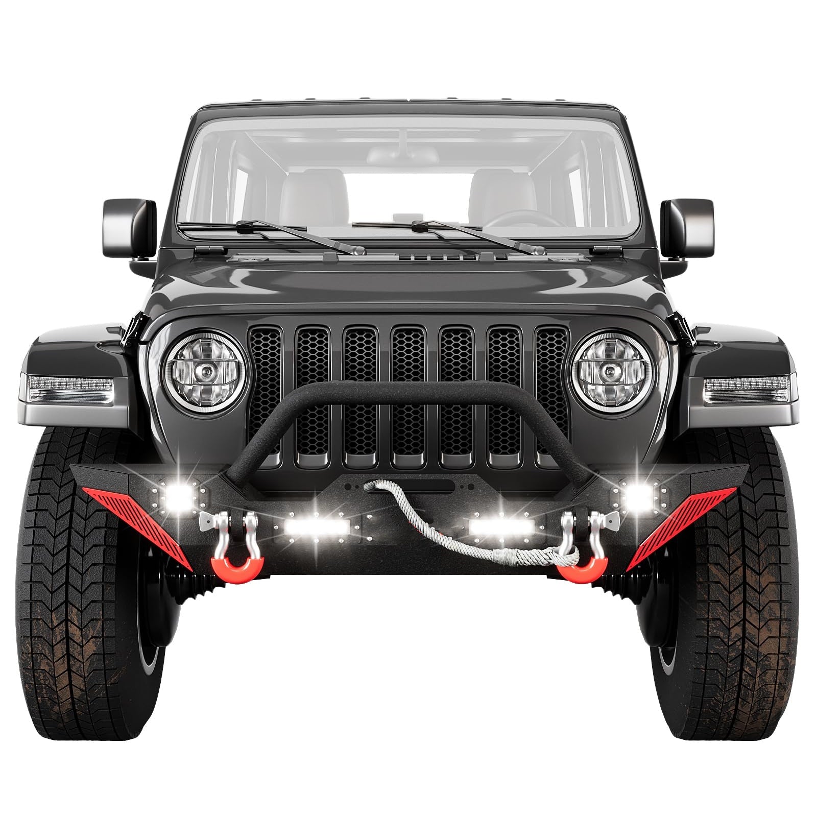 Garvee Front Bumper Compatible with 2018-2024 Jeep Wrangler JL/ 2020-2023 Jeep Gladiator JT, Off Road Bumper Paintable Armor W/Winch Plate & 4 LED Lights & D-rings