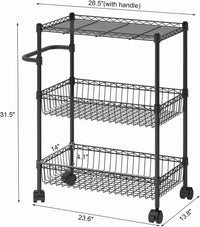 Garvee 3 Tier Rolling Cart, Metal Kitchen Cart On Wheels with Baskets, Wire Shelving Rolling Snack Storage Cart Utility Trolley with Handles for Kitchen Bathroom Office Laundry, Black