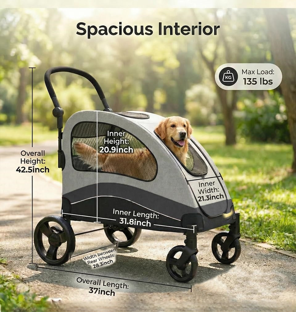 Garvee Foldable Dog Stroller, Large Dog Carrier with 360° Wheels, Adjustable Handle & Storage Pocket, Portable Puppy Travel Strollers, Pet Wagon for Large Dogs, 135 Lbs Capacity, Black