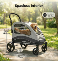 Garvee Foldable Dog Stroller, Large Dog Carrier with 360° Wheels, Adjustable Handle & Storage Pocket, Portable Puppy Travel Strollers, Pet Wagon for Large Dogs, 135 Lbs Capacity, Black